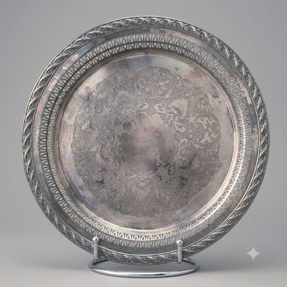 International Silver Co Vintage Silver Plate Tray w/ Pierced Rim 12"